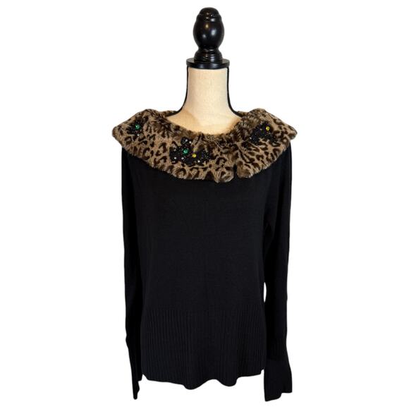 VTG Carducci Leopard Faux Fur Collar Sweater Black Size Medium Rhinestone Beaded - Picture 2 of 8